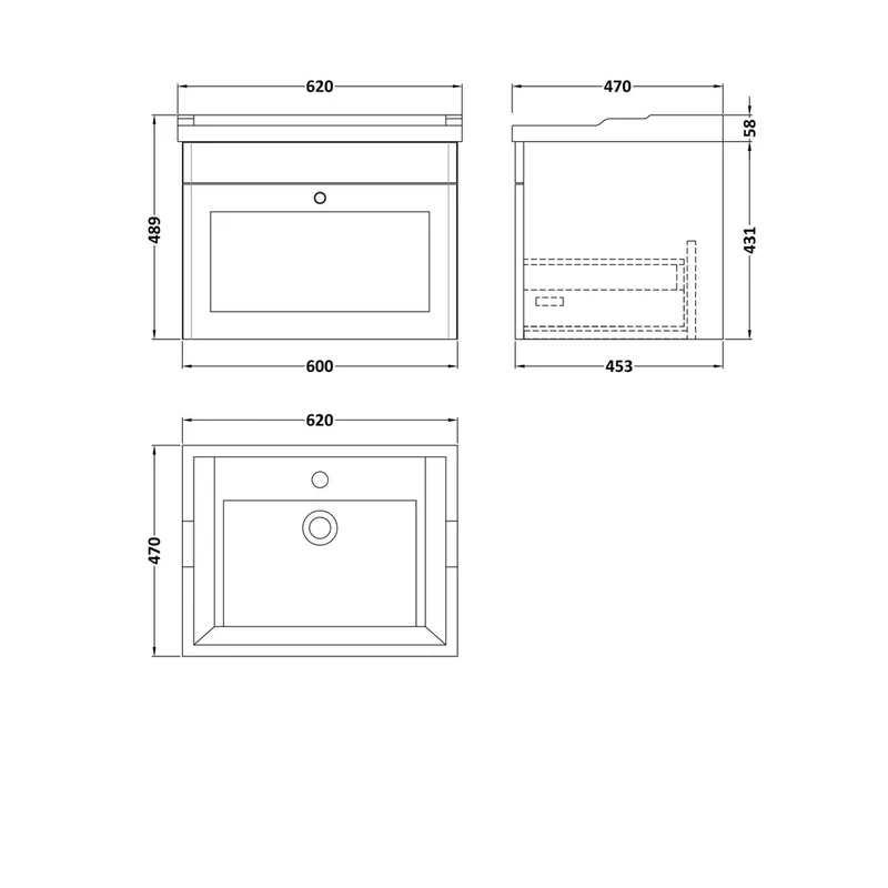 Nuie Classique 600mm Wall Hung 1 Drawer Vanity & Basin 3th Traditional Satin Grey MFC Painted Matt 489x620x470mm