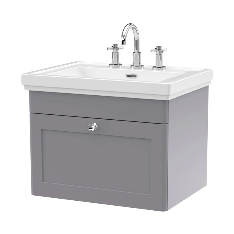 Nuie Classique 600mm Wall Hung 1-drawer Vanity & Basin 3th Traditional Satin Grey MFC Painted Matt 496x631x471mm