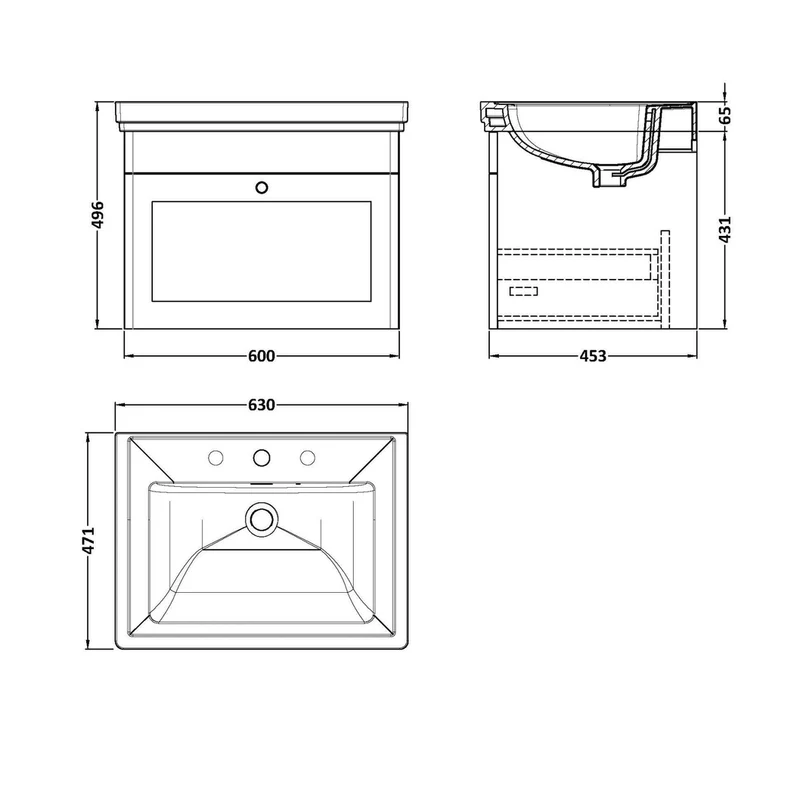 Nuie Classique 600mm Wall Hung 1-drawer Vanity & Basin 3th Traditional Satin Grey MFC Painted Matt 496x631x471mm