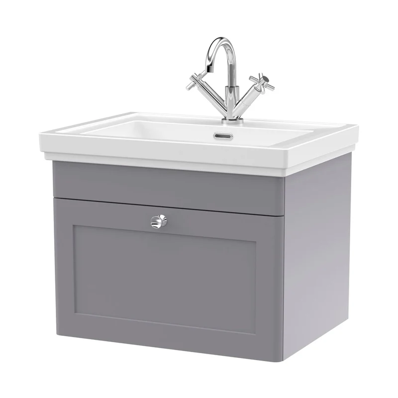 Nuie Classique 600mm Wall Hung 1-drawer Vanity & Basin 1th Traditional Satin Grey MFC Painted Matt 496x631x471mm