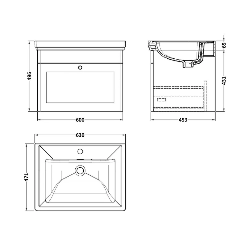 Nuie Classique 600mm Wall Hung 1-drawer Vanity & Basin 1th Traditional Satin Grey MFC Painted Matt 496x631x471mm