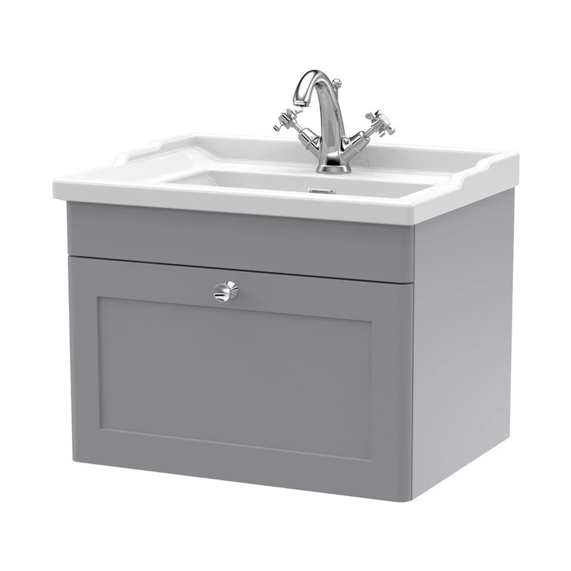 Nuie Classique 600mm Wall Hung 1 Drawer Vanity & Basin 1th Traditional Satin Grey MFC Painted Matt 489x620x470mm