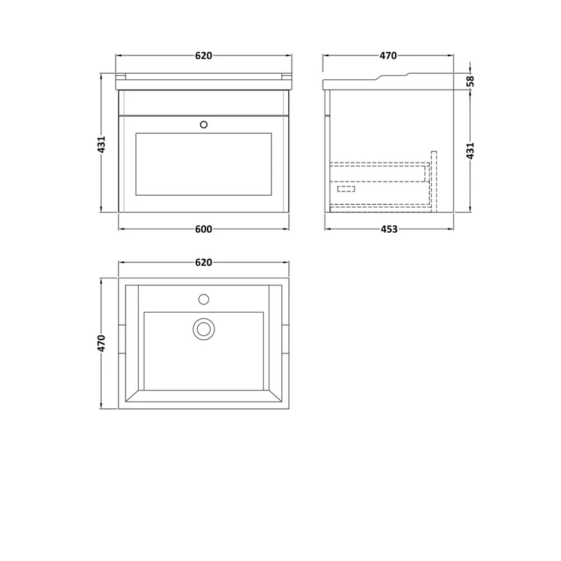 Nuie Classique 600mm Wall Hung 1 Drawer Vanity & Basin 1th Traditional Satin Grey MFC Painted Matt 489x620x470mm
