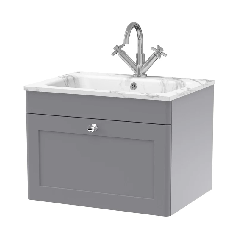 Nuie Classique 600mm Wall Hung 1-drawer Unit & Stone Basin 1th Traditional Satin Grey MFC Painted Matt,stone 447x610x460mm - CLC294Q