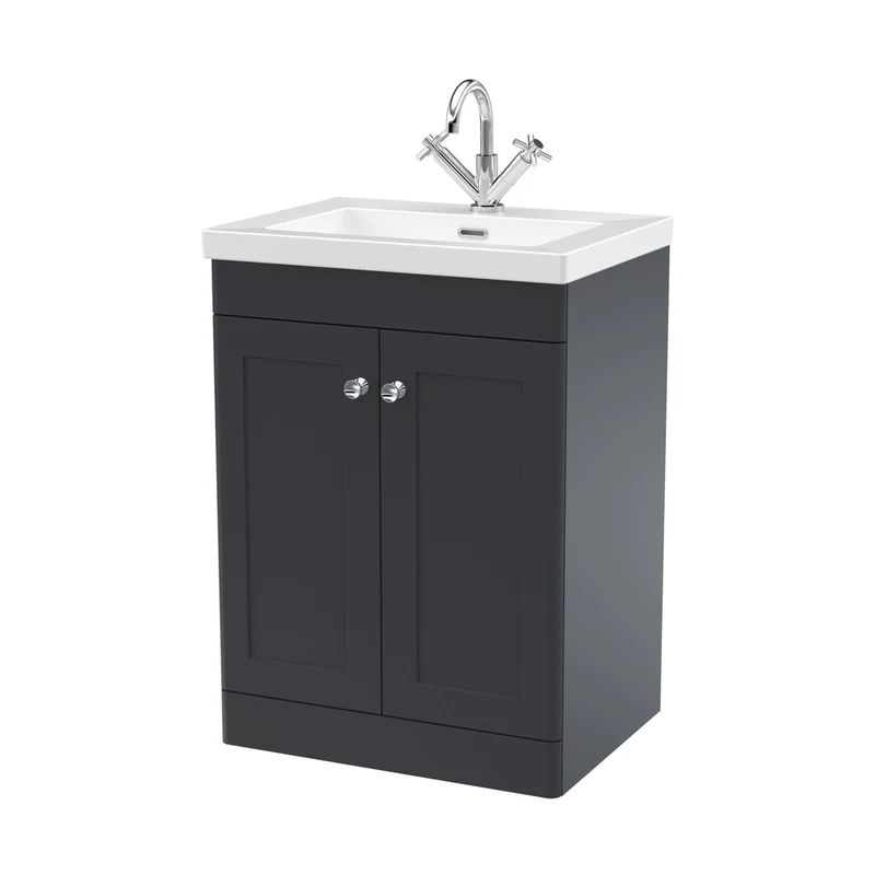 Nuie Classique 600mm Floor Standing 2-door Vanity With Basin - 1 Tap Hole Traditional Soft Black Fireclay 845x613x462mm