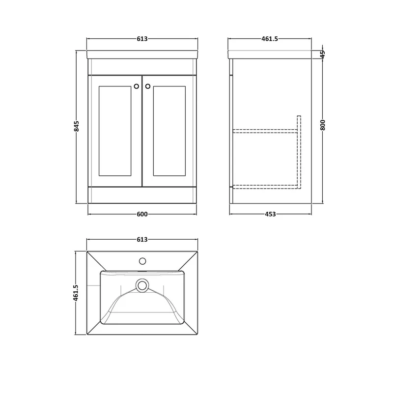 Nuie Classique 600mm Floor Standing 2-door Vanity With Basin - 1 Tap Hole Traditional Soft Black Fireclay 845x613x462mm