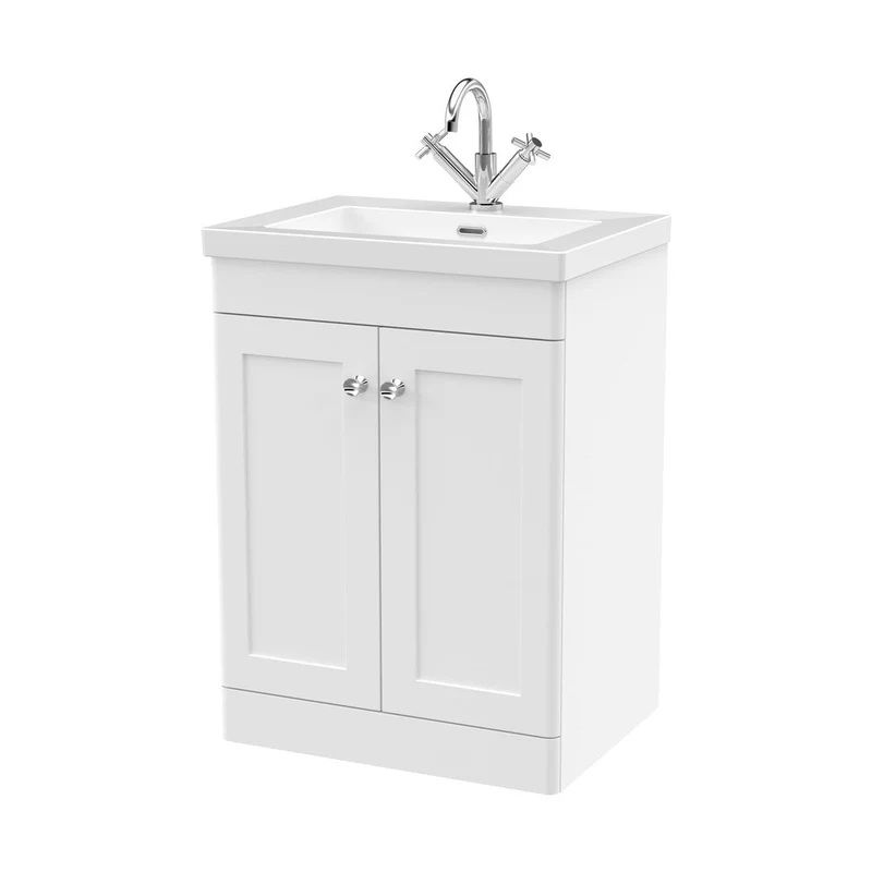 Nuie Classique 600mm Floor Standing 2-door Vanity With Basin - 1 Tap Hole Traditional Satin White Fireclay 845x613x462mm