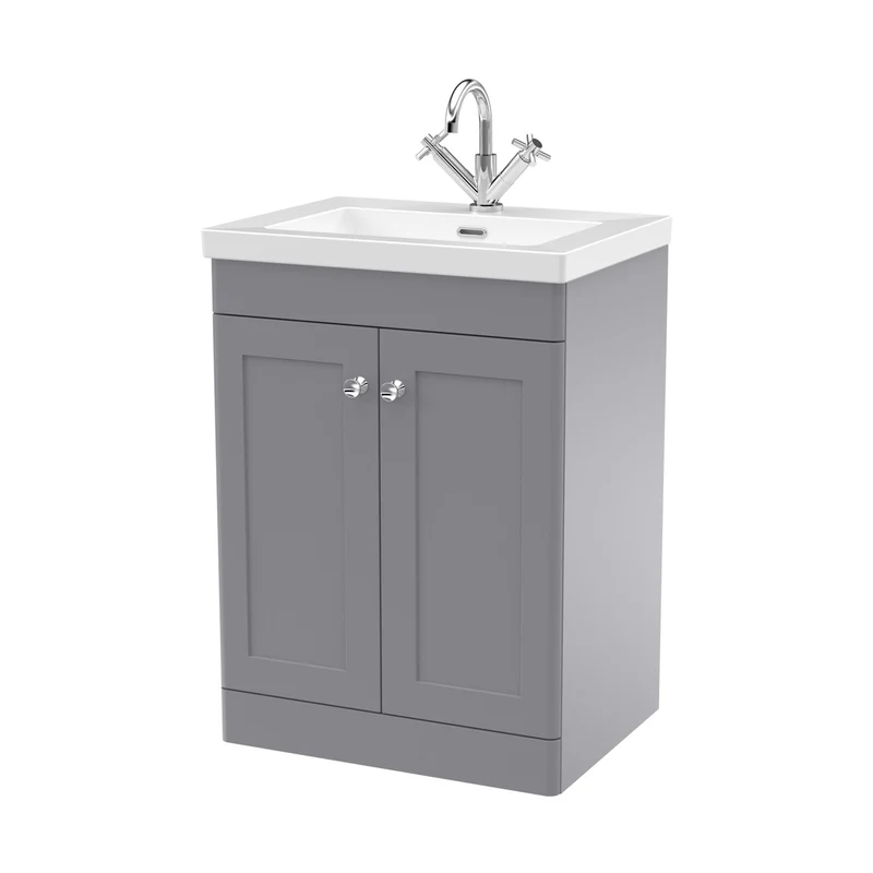 Nuie Classique 600mm Floor Standing 2-door Vanity With Basin - 1 Tap Hole Traditional Satin Grey Fireclay 845x613x462mm