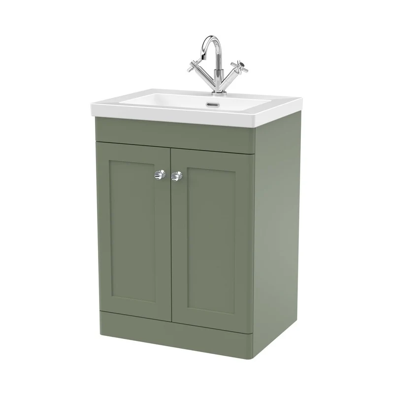 Nuie Classique 600mm Floor Standing 2-door Vanity With Basin - 1 Tap Hole Traditional Satin Green Fireclay 845x613x462mm