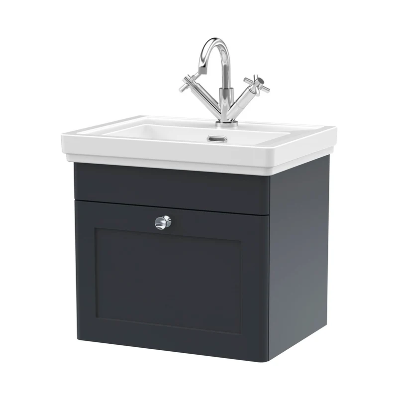 Nuie Classique 500mm Wall Hung 1-drawer Vanity & Basin 1th Traditional Soft Black MFC Painted Matt 496x531x406mm