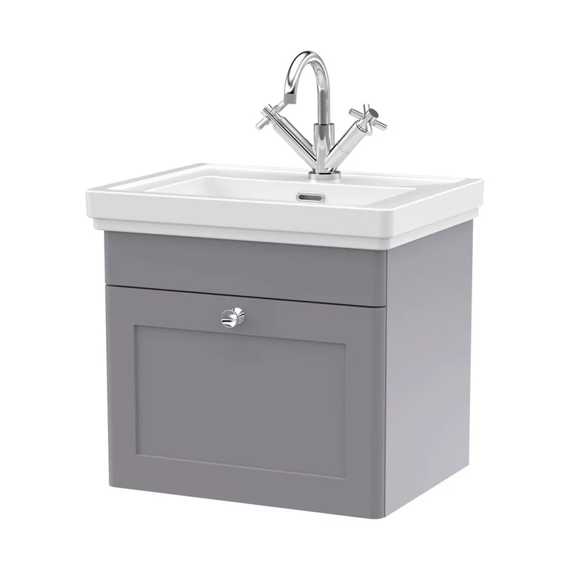 Nuie Classique 500mm Wall Hung 1-drawer Vanity & Basin 1th Traditional Satin Grey MFC Painted Matt 496x531x406mm