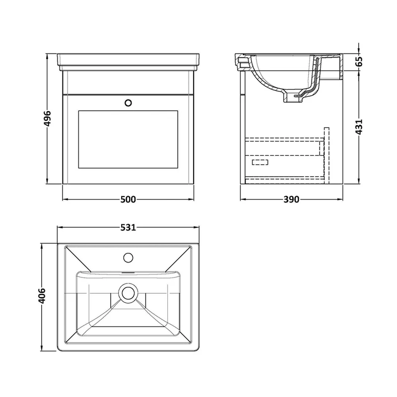 Nuie Classique 500mm Wall Hung 1-drawer Vanity & Basin 1th Traditional Satin Grey MFC Painted Matt 496x531x406mm