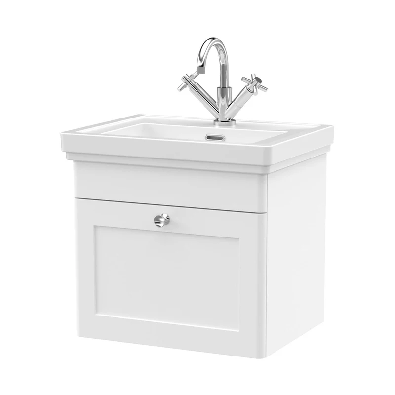 Nuie Classique 500mm Wall Hung 1-drawer Vanity & Basin 1th Traditional Satin White MFC Painted Matt 496x531x406mm
