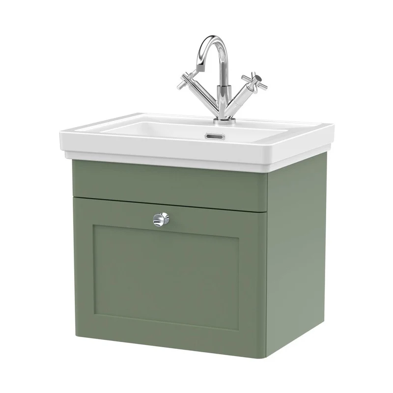 Nuie Classique 500mm Wall Hung 1-drawer Vanity & Basin 1th Traditional Satin Green MFC Painted Matt 496x531x406mm