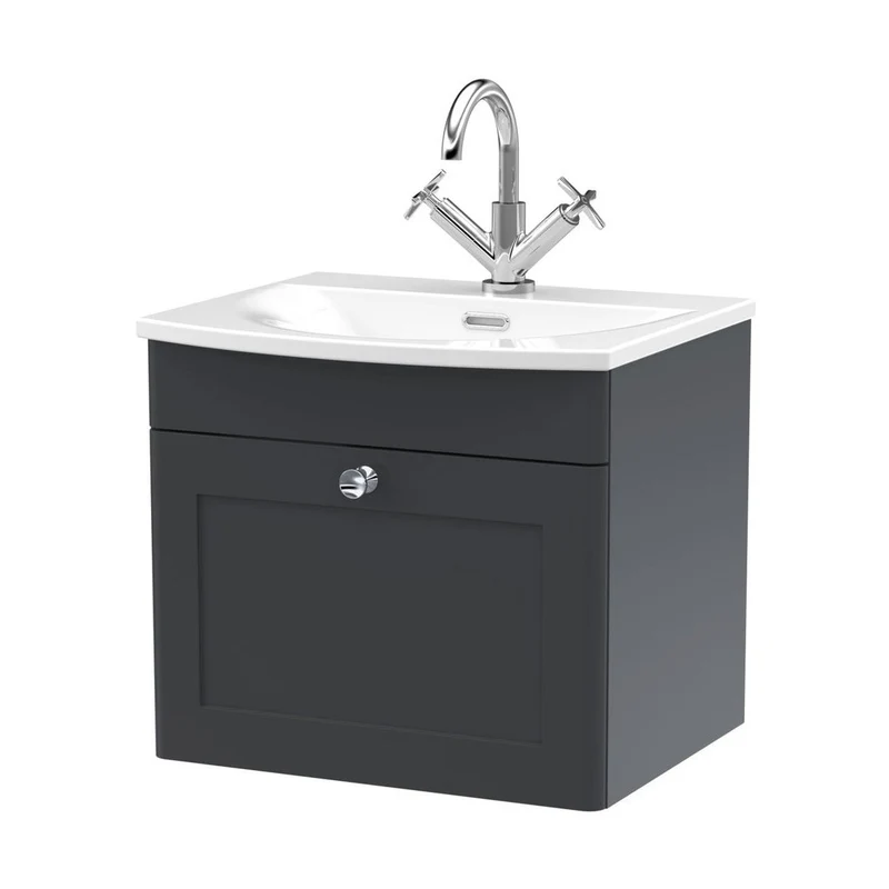 Nuie Classique 500mm Wall Hung 1-drawer Unit & Curved Basin Traditional Soft Black MFC Painted Matt 461x510x440mm