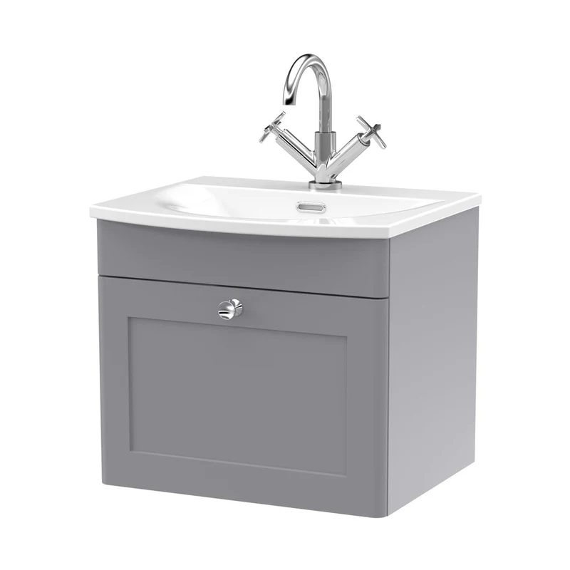 Nuie Classique 500mm Wall Hung 1-drawer Unit & Curved Basin Traditional Satin Grey MFC Painted Matt 461x510x440mm