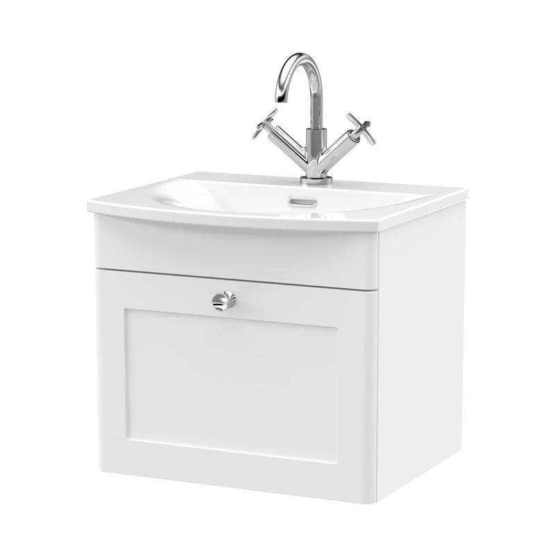 Nuie Classique 500mm Wall Hung 1-drawer Unit & Curved Basin Traditional Satin White MFC Painted Matt 461x510x440mm