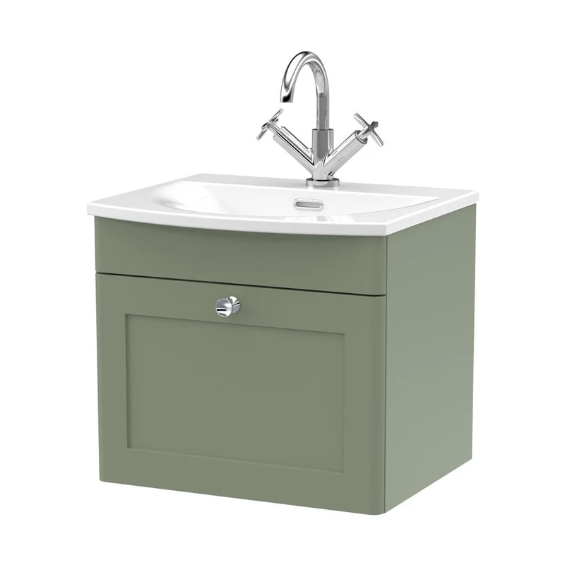 Nuie Classique 500mm Wall Hung 1-drawer Unit & Curved Basin Traditional Satin Green MFC Painted Matt 461x510x440mm