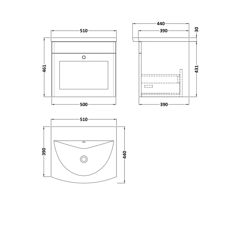 Nuie Classique 500mm Wall Hung 1-drawer Unit & Curved Basin Traditional Satin Green MFC Painted Matt 461x510x440mm