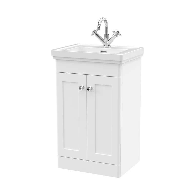 Nuie Classique 500mm Floor Standing 2-door Vanity & Basin 1th Traditional Satin White MFC Painted Matt 865x531x406mm