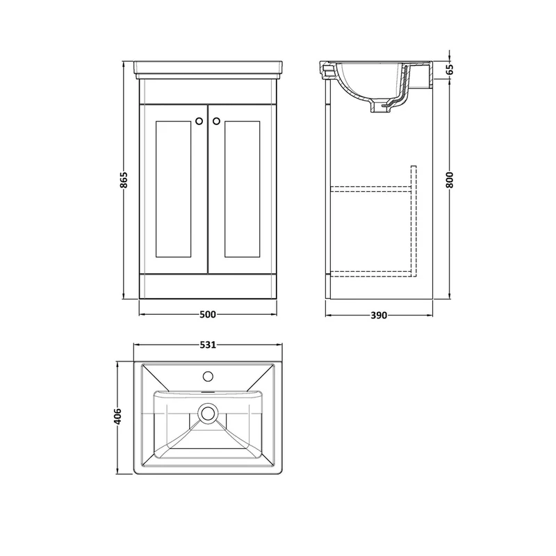 Nuie Classique 500mm Floor Standing 2-door Vanity & Basin 1th Traditional Satin White MFC Painted Matt 865x531x406mm