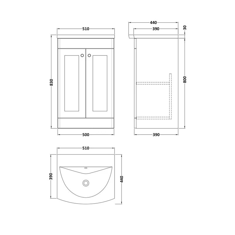 Nuie Classique 500mm Floor Standing 2-door Unit & Curved Basin Traditional Soft Black MFC Painted Matt 830x510x440mm