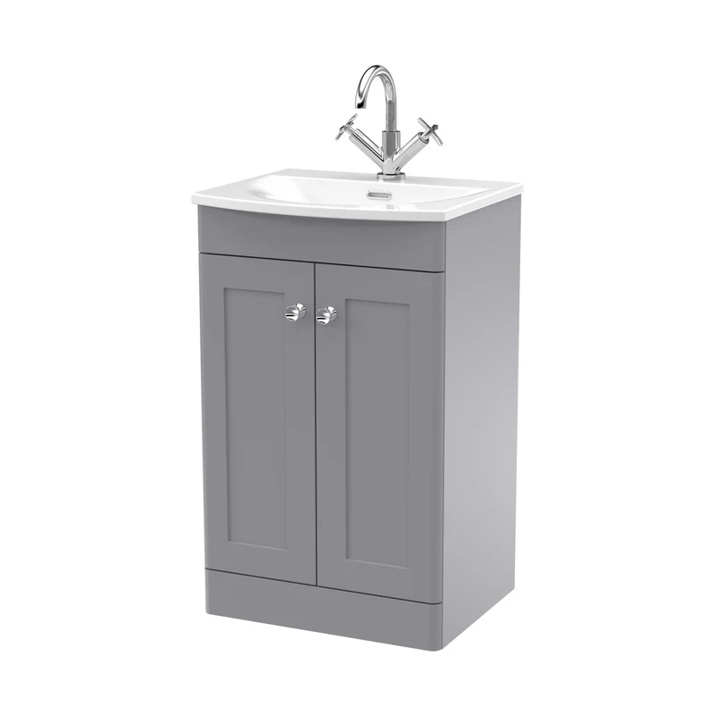 Nuie Classique 500mm Floor Standing 2-door Unit & Curved Basin Traditional Satin Grey MFC Painted Matt 830x510x440mm