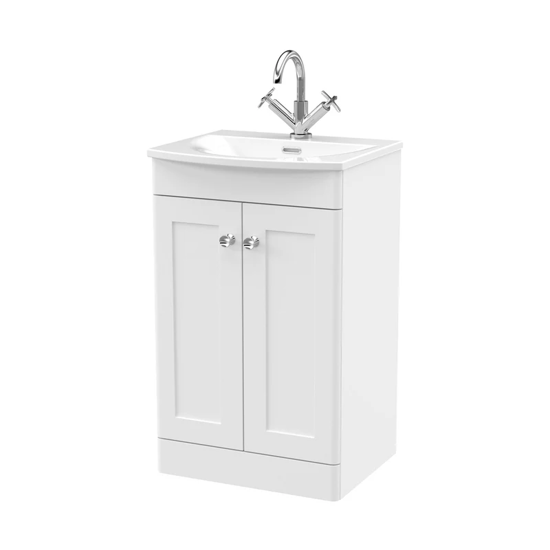 Nuie Classique 500mm Floor Standing 2-door Unit & Curved Basin Traditional Satin White MFC Painted Matt 830x510x440mm