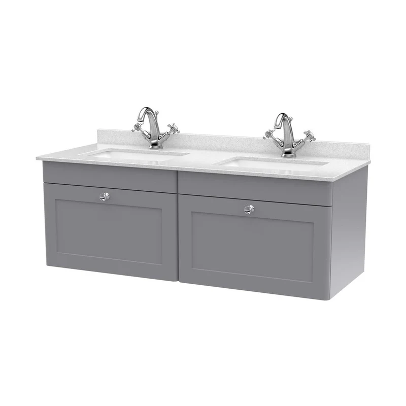 Nuie Classique 1200mm Wall Hung 2 Drawer Vanity & Marble Top Traditional Satin Grey MFC Painted Matt 445x1220x463mm - CLC294WS2