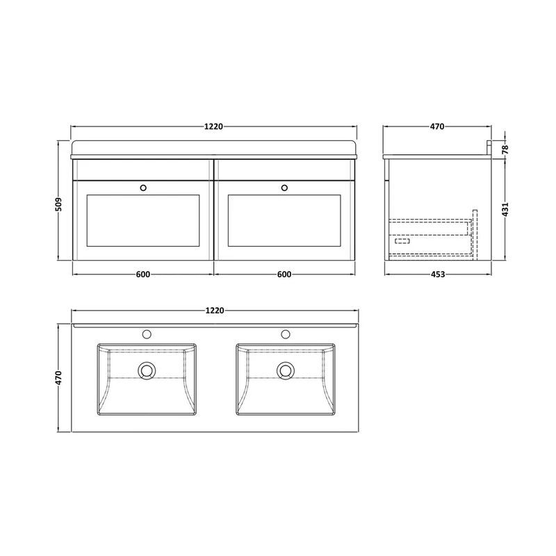 Nuie Classique 1200mm Wall Hung 2 Drawer Vanity & Marble Top Traditional Satin Grey MFC Painted Matt 445x1220x463mm - CLC294WS2