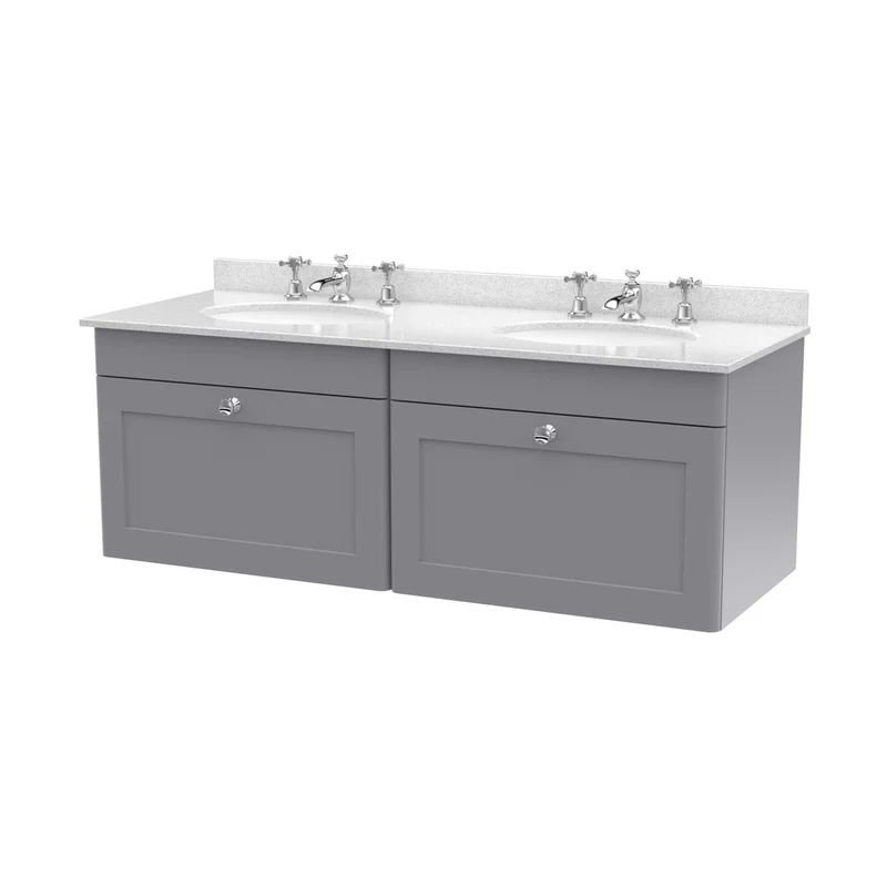 Nuie Classique 1200mm Wall Hung 2 Drawer Vanity & Marble Top Traditional Satin Grey MFC Painted Matt 445x1220x463mm - CLC294WR6