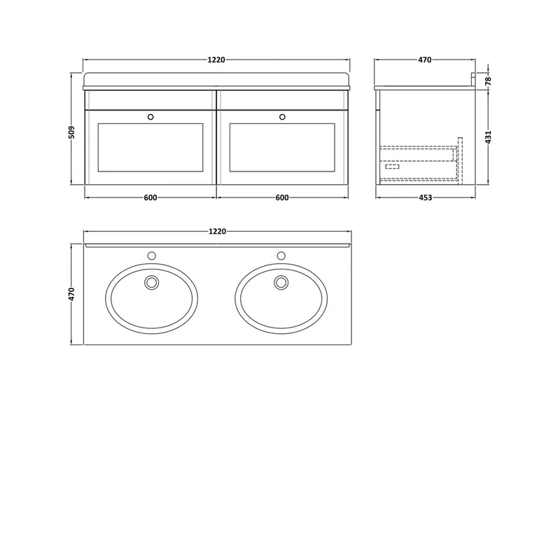 Nuie Classique 1200mm Wall Hung 2 Drawer Vanity & Marble Top Traditional Satin Grey MFC Painted Matt 445x1220x463mm - CLC294WR2