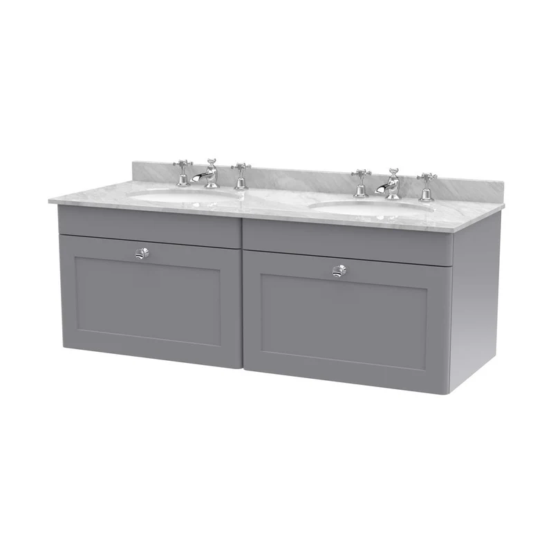 Nuie Classique 1200mm Wall Hung 2 Drawer Vanity & Marble Top Traditional Satin Grey MFC Painted Matt 445x1220x463mm - CLC294GR6