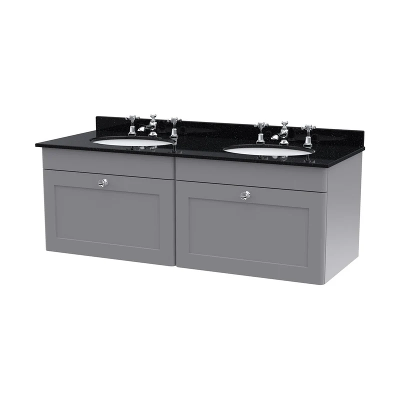 Nuie Classique 1200mm Wall Hung 2 Drawer Vanity & Marble Top Traditional Satin Grey MFC Painted Matt 445x1220x463mm - CLC294BR6