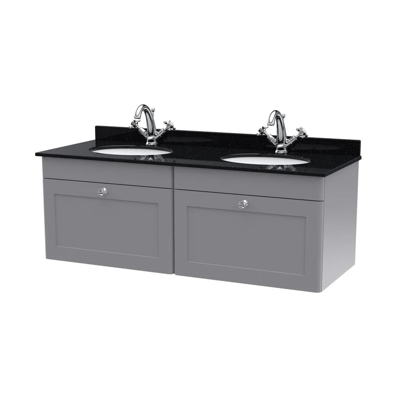 Nuie Classique 1200mm Wall Hung 2 Drawer Vanity & Marble Top Traditional Satin Grey MFC Painted Matt 445x1220x463mm - CLC294BR2