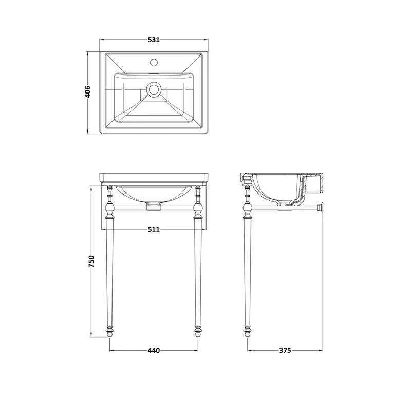 Nuie Carlton 500mm 1th Basin With Traditional Stand White Vitreous China 816x531x442mm