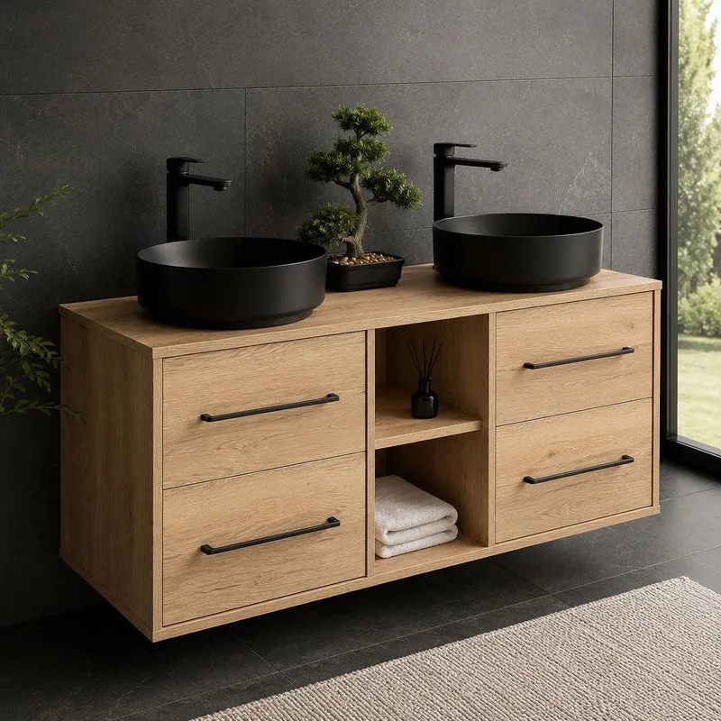 Josef Martin 1400mm Remo Wall Hung Double Vanity Unit & Worktop - Halifax Oak