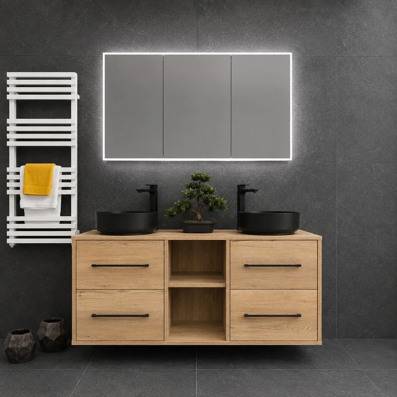 Josef Martin 1400mm Remo Wall Hung Double Vanity Unit & Worktop - Halifax Oak