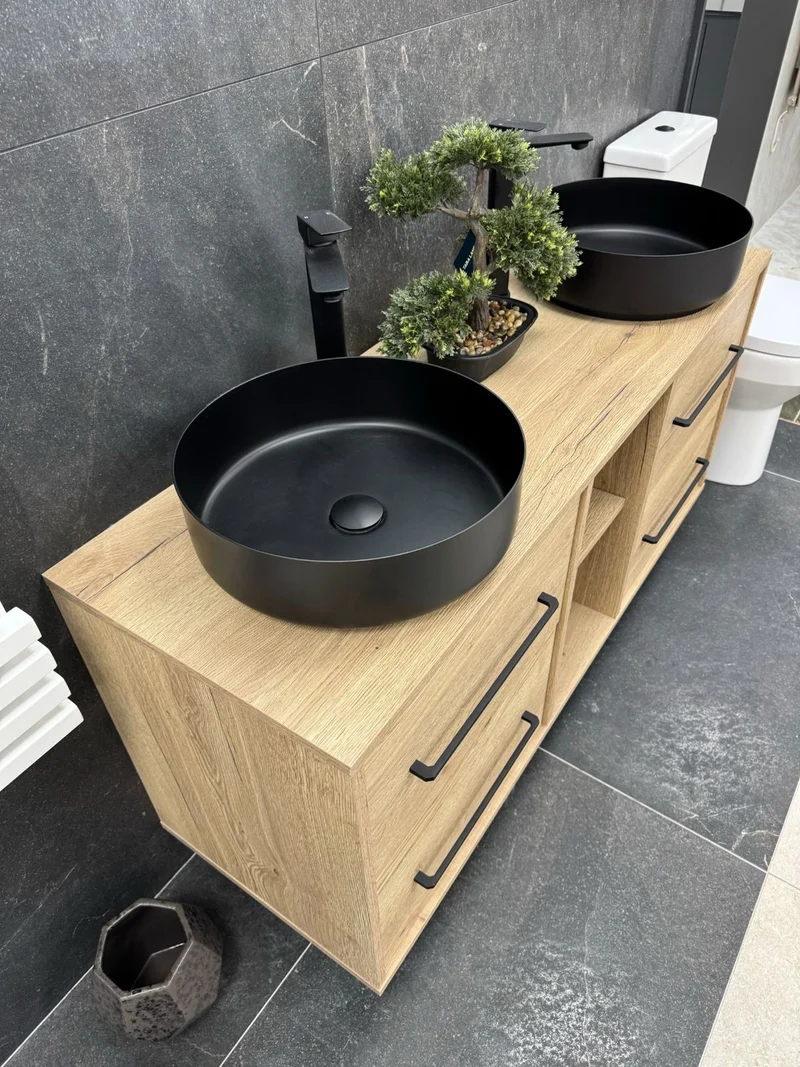 Josef Martin 1400mm Remo Wall Hung Double Vanity Unit & Worktop - Halifax Oak