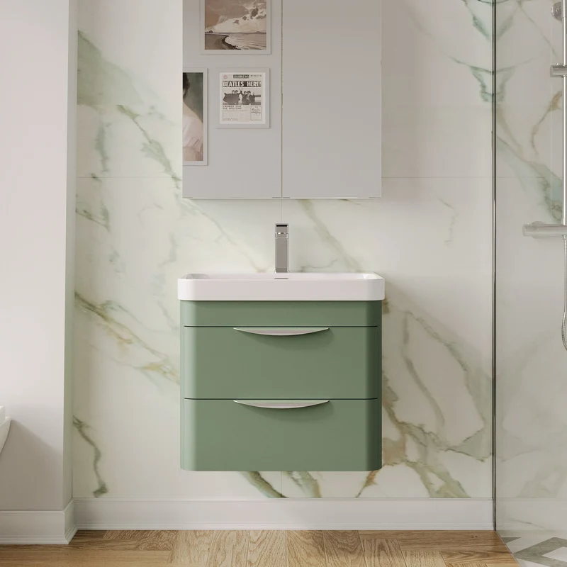 Parade 600mm Wall Hung 2 Drawer Vanity With Thin Edge Ceramic Basin - Green Satin