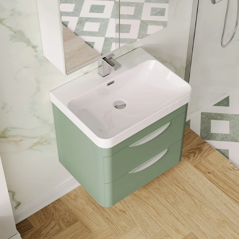Parade 600mm Wall Hung 2 Drawer Vanity With Thin Edge Ceramic Basin - Green Satin