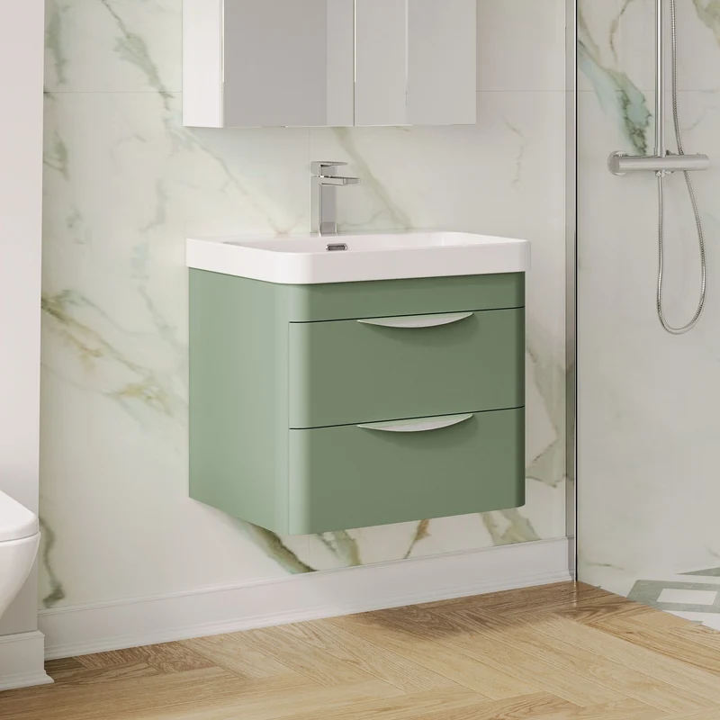 Parade 600mm Wall Hung 2 Drawer Vanity With Thin Edge Ceramic Basin - Green Satin