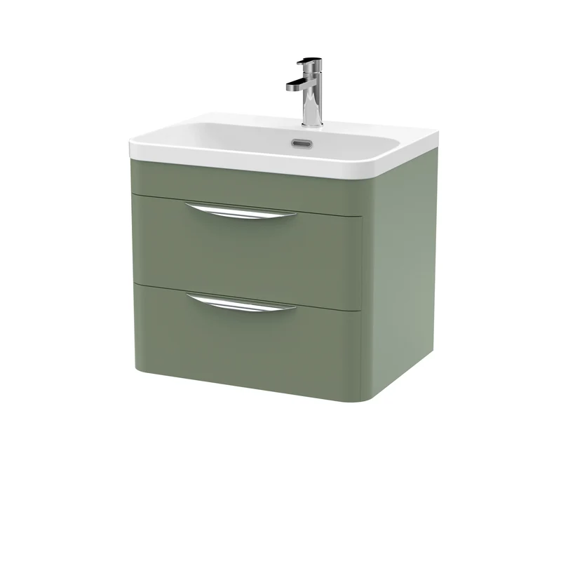 Parade 600mm Wall Hung 2 Drawer Vanity With Thin Edge Ceramic Basin - Green Satin