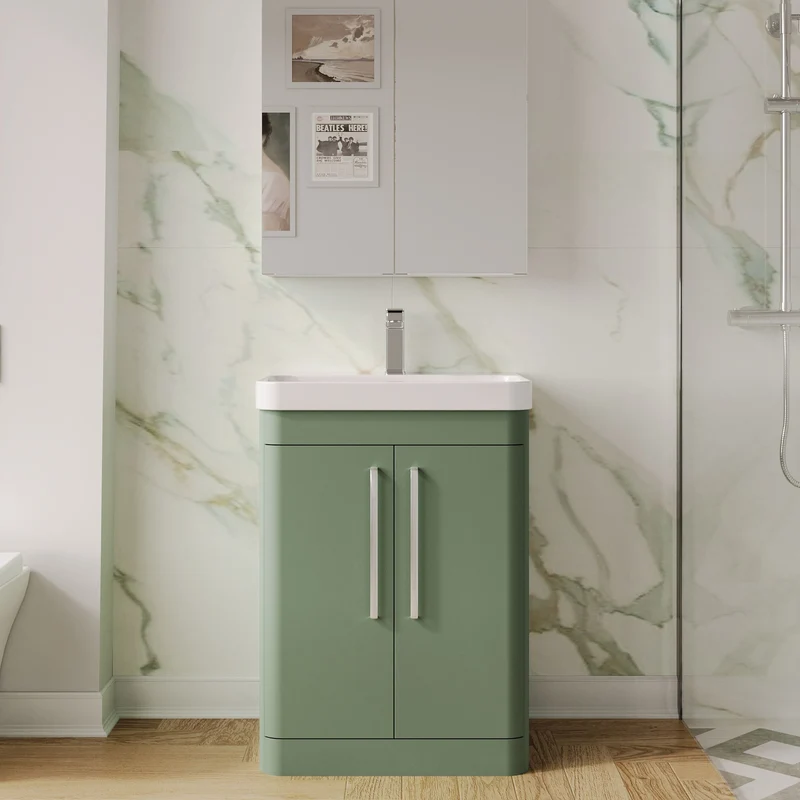 Parade 600mm Floor Standing 2 Door Vanity With Thin Edge Ceramic Basin - Green Satin