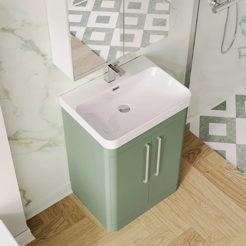 Parade 600mm Floor Standing 2 Door Vanity With Thin Edge Ceramic Basin - Green Satin