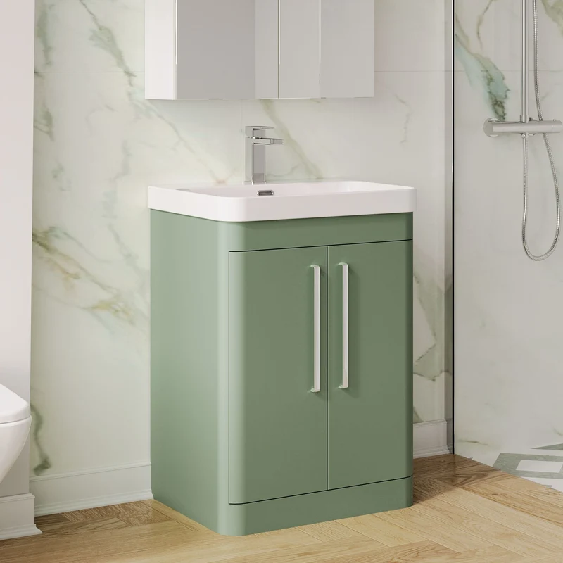 Parade 600mm Floor Standing 2 Door Vanity With Thin Edge Ceramic Basin - Green Satin