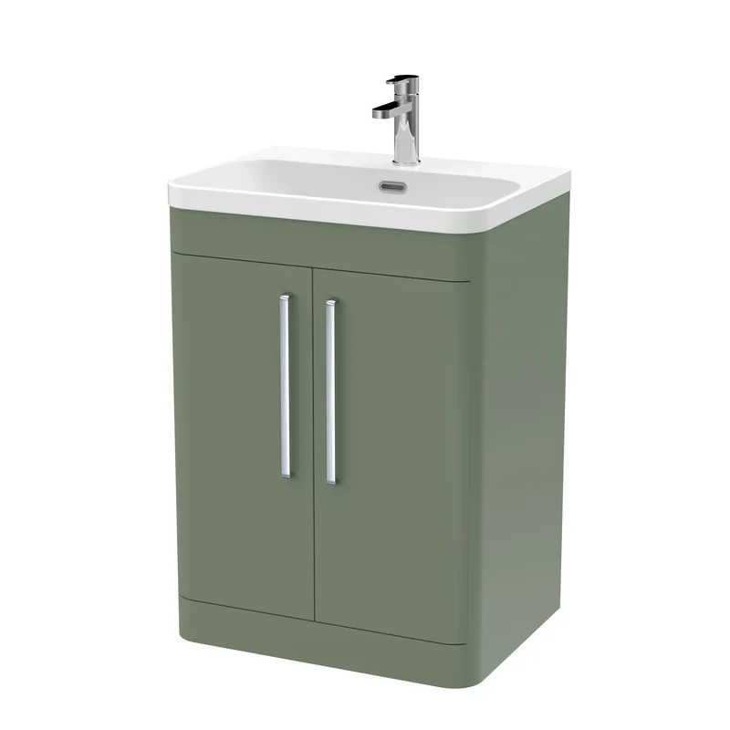 Parade 600mm Floor Standing 2 Door Vanity With Thin Edge Ceramic Basin - Green Satin