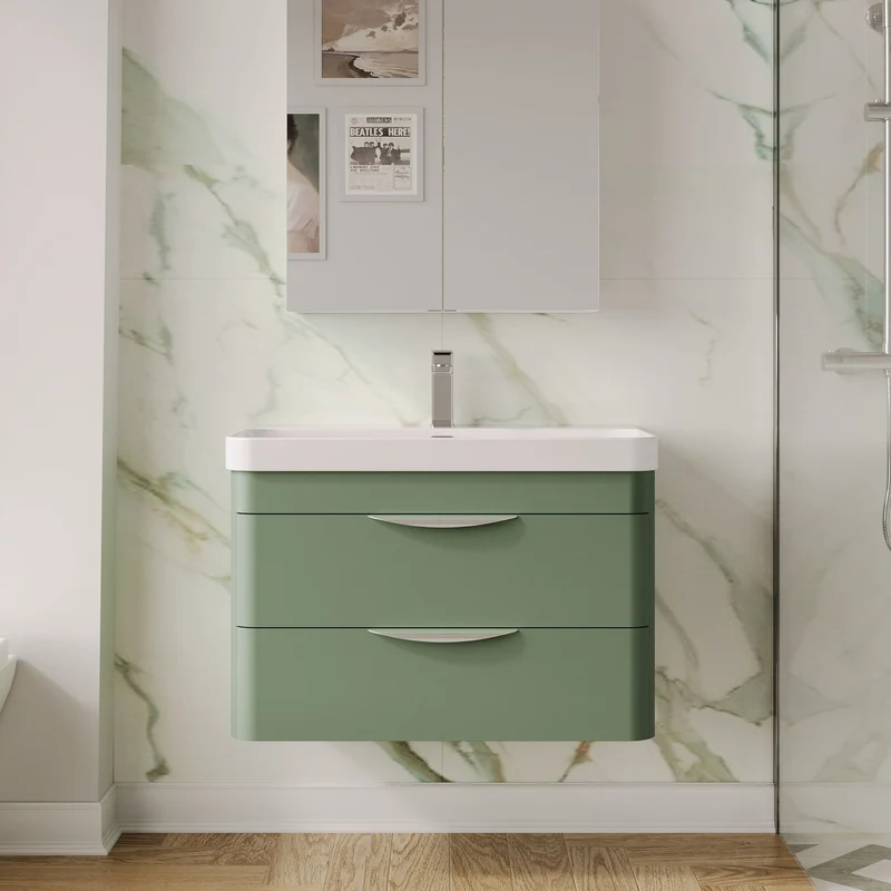 Parade 800mm Wall Hung 2 Drawer Vanity With Thin Edge Ceramic Basin - Green Satin