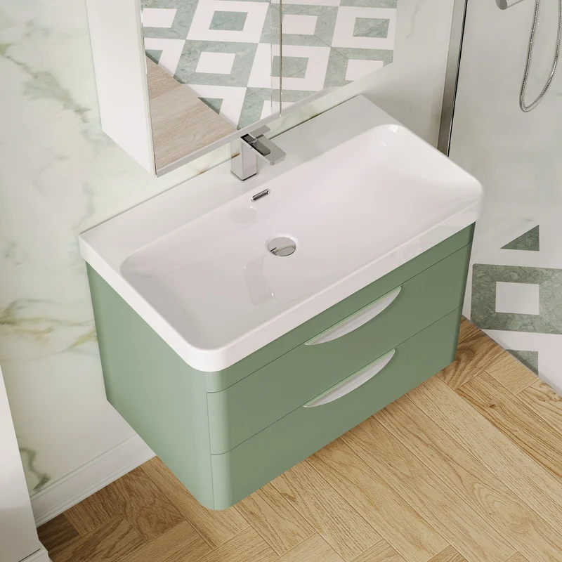Parade 800mm Wall Hung 2 Drawer Vanity With Thin Edge Ceramic Basin - Green Satin