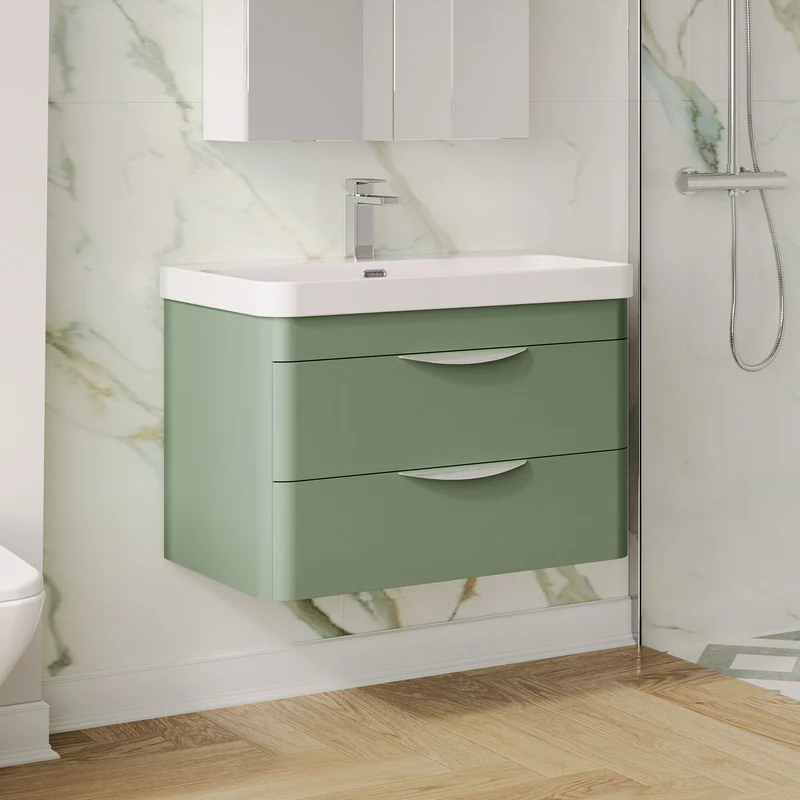 Parade 800mm Wall Hung 2 Drawer Vanity With Thin Edge Ceramic Basin - Green Satin